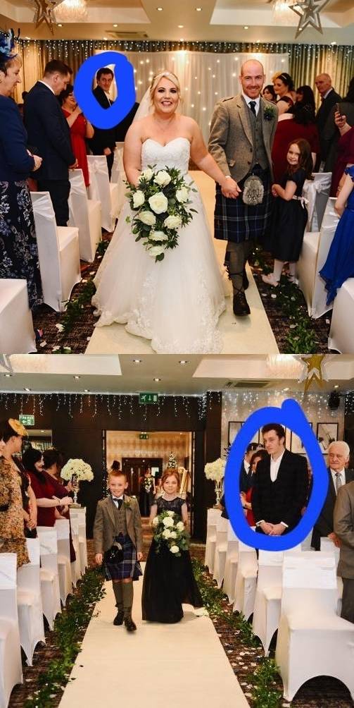 2021년 미셸 와일리 부부(위 사진의 가운데)의 결혼식에 참석했던 앤드루 힐하우스의 모습. 온라인 콘텐츠 제작자 ‘다자’가 와일리에게 전달받은 사진에 직접 파란색 원을 표시해 자신의 소셜미디어(SNS)에 올렸다. 다자 페이스북 캡처