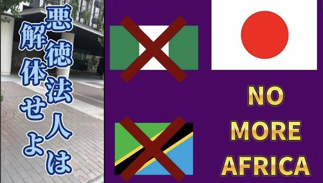 일본 소셜미디어(SNS)에 확산 중인 반아프리카·반이민 혐오 선전물. 나이지리아와 탄자니아 국기에 붉은 X표가 그려져 있고, ‘악덕 법인(JICA)은 해체하라’, ‘노 모어 아프리카’ 등의 문구가 쓰여있다. 엑스(X) 캡처