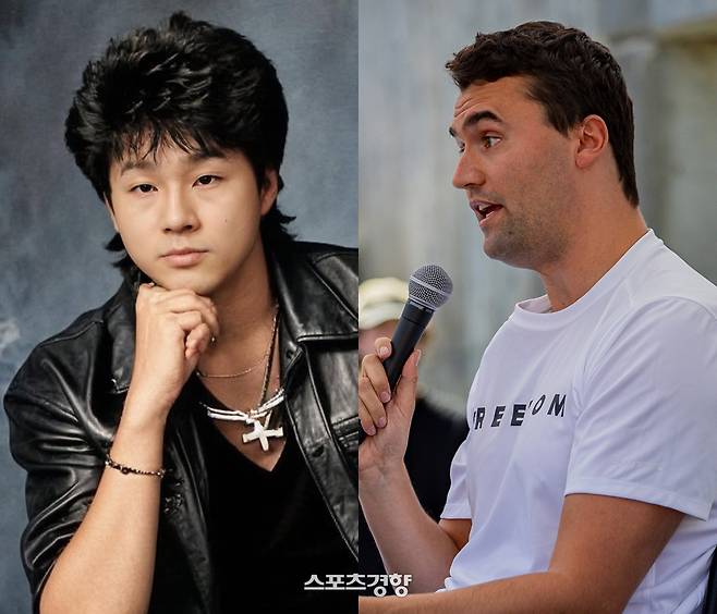 유튜버 슈카(전석재·왼쪽)과 지난 10일(현지시간) 충격에 사망한 미국 우익활동가 찰리 커크. 경향신문 자료사진