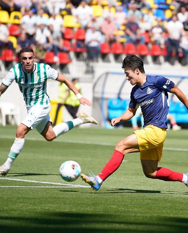 스페인 2부 라리가2 FC안도라 김민수가 14일 코르도바와의 리그 5라운드 홈경기에서 역전 결승골을 터뜨리는 순간. /사진=김민수 SNS 캡처