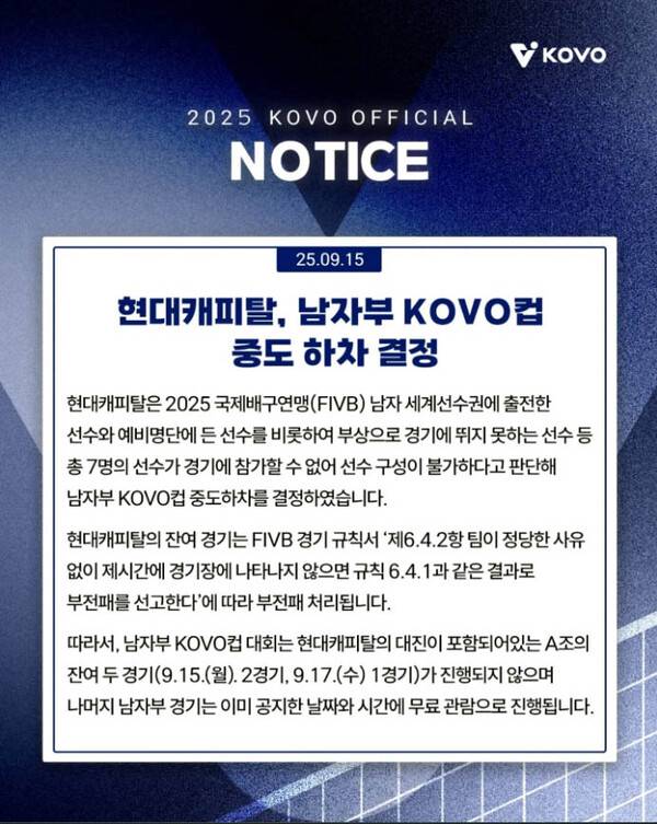 한국배구연맹(KOVO), 현대캐피탈 KOVO컵 중도 포기를 공지사항 SNS 캡쳐.