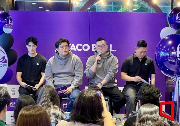 15일 타코벨 더강남 매장에서 열린 '타코벨 더강남 오프닝 나이트'미디어 행사에서 손승현 KFC 코리아 타코벨 CMO(마케팅 총괄), 한종수 KFC 코리아 타코벨 총괄 본부장, 신호상 KFC 코리아 대표,전영욱 KFC 코리아 R&D센터 팀장(왼쪽부터)이 질문에 답변하고 있다. 한예주 기자