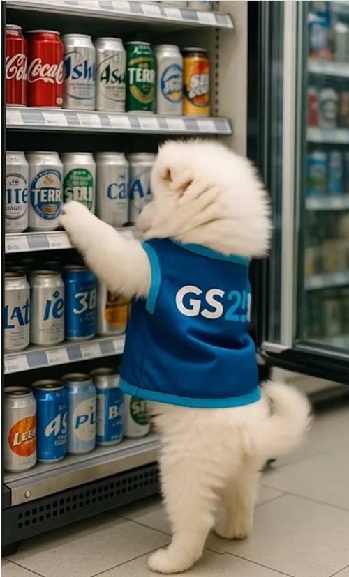 AI로 구현한 강아지 '사모예드 포포'가 편의점 GS25에서 아르바이트를 하는 모습. /인스타그램