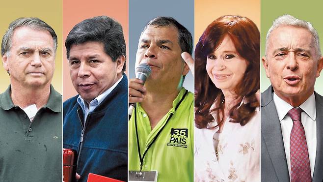 왼쪽부터 자이르 보우소나루, 페드로 카스티요, 라파엘 코레아, 크리스티나 페르난데스, 알바로 우리베