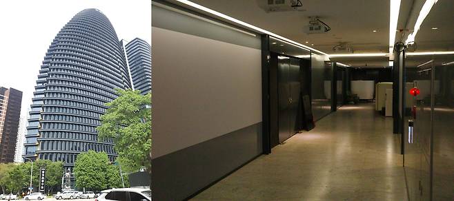 지난 4일 대만 타이중 시내 ‘국가무역센터(NTC)’ 건물(왼쪽). 24층 사무실을 통째로 사들여 ‘선숴(神說)국제유한공사’라는 투자회사를 차린 사기 범죄 조직이 대만 검찰에 의해 검거돼, 압류된 사무실 문이 굳게 닫힌 모습(오른쪽)이다. 사기 범죄 조직은 도합 800평에 달하는 사무실 8곳을 통째로 사들이며 3억3000만대만달러(약 150억원)를 현찰로 지불했다./류재민 특파원