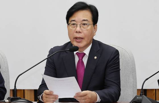 송언석 국민의힘 원내대표가 16일 국회에서 열린 원내대책회의에서 발언하고 있다. 임현동 기자