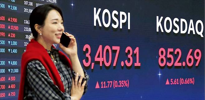 < 달아오른 증시 > 15일 서울 여의도 한국거래소 현황판에 주가가 표시돼 있다. 이날 코스피지수는 전 거래일 대비 0.35% 오른 3407.31에, 코스닥지수는 0.66% 오른 852.69에 장을 마감했다.  김범준 기자