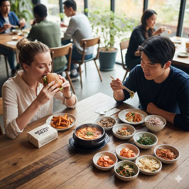 한국과 서양의 식문화에 기반한 식물기반식품을 한 식탁에서 먹는 장면.  AI 생성 이미지