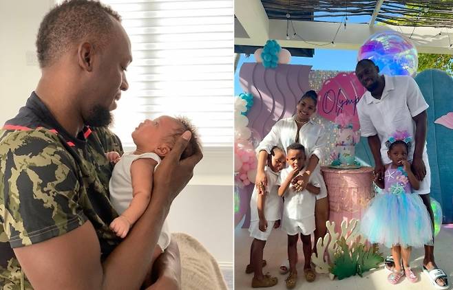 왼쪽은 2020년 8월 22일 딸 올림피아 라이트닝 출생 직후 아기를 안고 있는 우사인 볼트. 오른쪽은 2025년 6월 16일 ‘아버지의 날’을 맞아 연인 카시 베넷, 세 자녀와 함께한 가족 모습. 카시 베넷 인스타그램