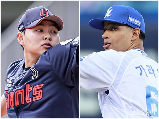 롯데와 삼성이 16일부터 이틀간 대구삼성라이온즈에서 맞대결을 벌인다. 이번 2연전에선 5위 싸움의 향방이 갈릴지 모른다. 16일 선발로 롯데는 박진(왼쪽), 삼성은 헤르손 가라비토를 내세운다. 사진제공｜롯데 자이언츠·삼성 라이온즈