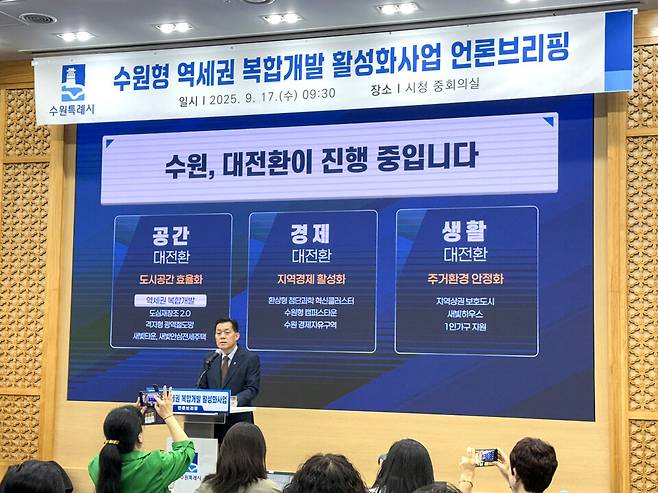 ▲수원특례시 이재준 시장이 수원형 역세권 복합개발 활성화 사업 언론브리핑을 진행하고 있다. /최준희 기자 wsx3025@incheonilbo.com