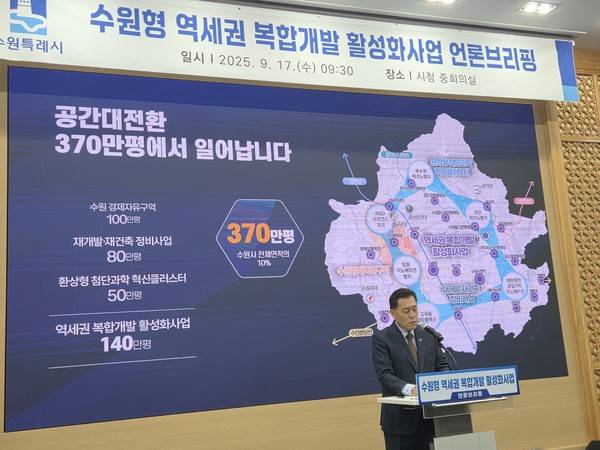 이재준 수원시장이 17일 시청 중회의실에서 '수원형 역세권 복합개발 활성화 사업' 계획을 발표하고 있다. [사진=김지호 기자]