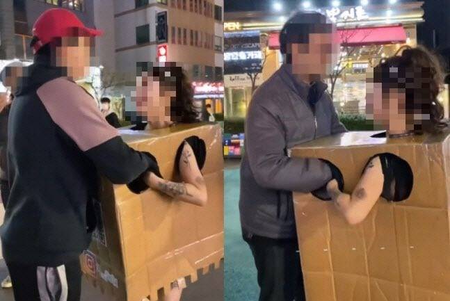 지난 2023년 10월 21일 서울시 마포구 홍대에서 촬영된 압구정 박스녀. /조선DB