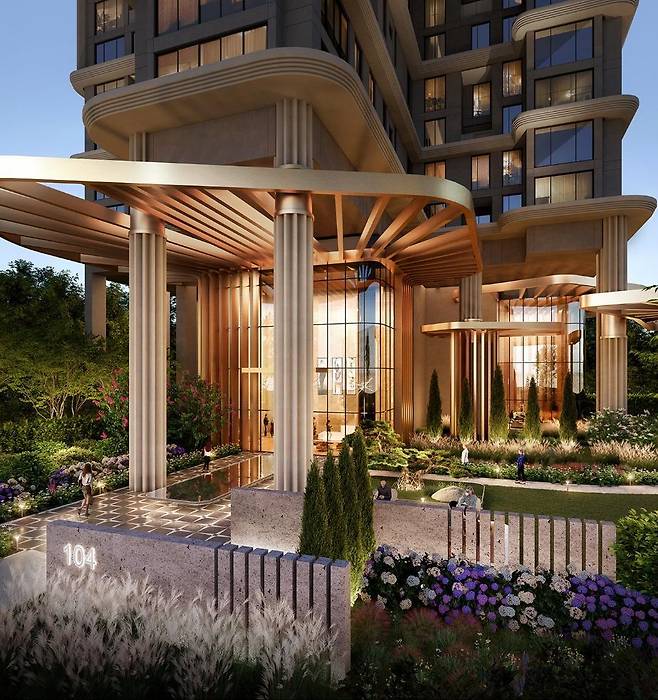 최대 14m 높이의 필로티를 적용한 서울 강남구 압구정2구역 재건축 투시도. 이런 높은 필로티가 최근 한강변 재건축에서 주목받고 있다. 현대건설 제공