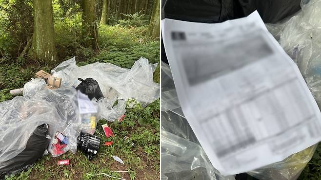 드라마 촬영팀이 무단 투기한 쓰레기(왼쪽)와 드라마 촬영 계획서로 보이는 종이 (시청자 제공)