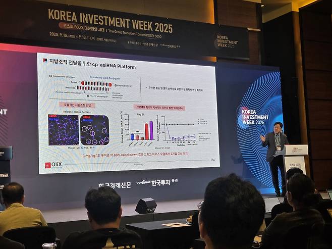 이동기 올릭스 대표가 16일 서울 여의도 콘래드 호텔에서 열린 ‘코리아 인베스트먼트 위크(KIW) 2025)’ 발표에 나섰다. /사진=이민형 기자