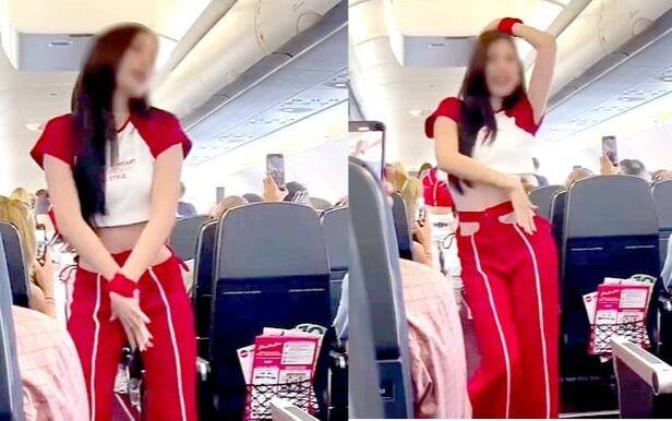 아이돌그룹 베라의 멤버 엠마가 항공기 내에서 승무원들과 공연을 하고 있다. 틱톡 캡처
