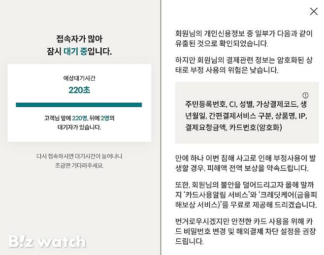 롯데카드 해킹 사고로 롯데카드 회원이 확인한 개인정보 유출 내역. 사진=비즈워치