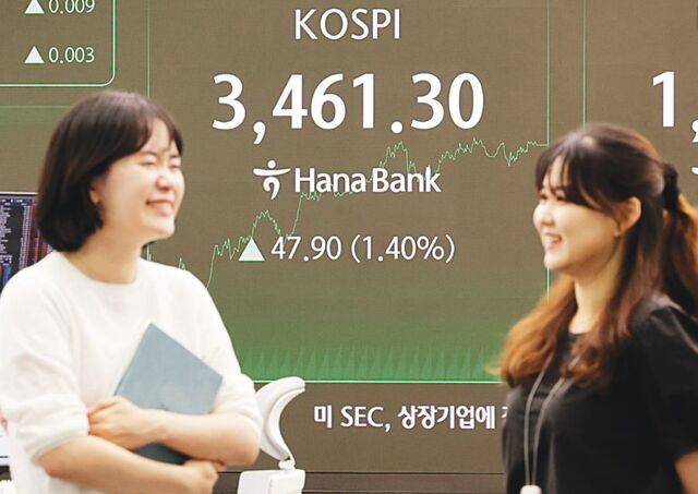 18일 서울 중구 하나은행 딜링룸 전광판에 코스피 종가가 나타나 있다. 이날 코스피는 전날보다 47.90포인트(1.40%) 오른 3461.30에 거래를 마치며 이틀 만에 사상 최고치를 또 경신했다. 삼성전자 주가는 8만500원에 마감하며 1년1개월 만에 8만원대로 올라섰다. 연합뉴스