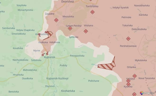 우크라이나 하르키우주 쿠피안스크 전선 동남부 교전 지역. 러시아군은 페르쇼트라브네베와 오를리안카, 노바 타라시우카 일대까지 공세를 확대하고 있다. 딥스테이트 맵