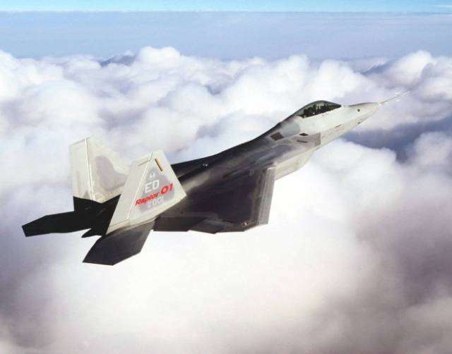 ‘랩터 01’ 꼬리마크가 붙은 스텔스 전투기 F-22 시제기가 시험 비행을 하고 있다. 사진 제공=미 국방부