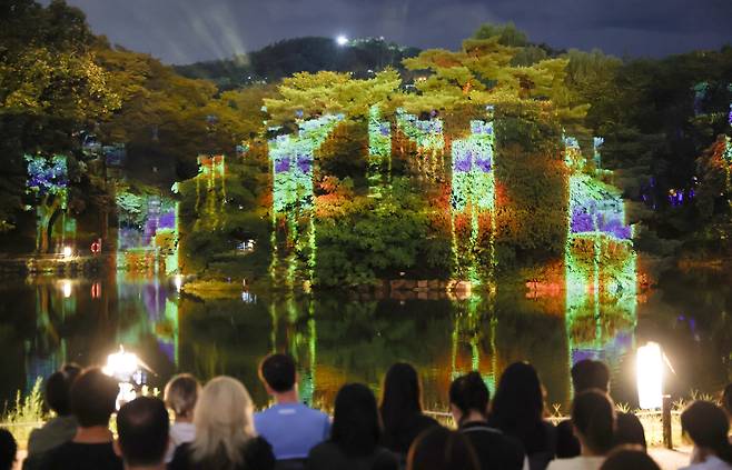 지난 17일 서울 종로구 창경궁 대춘당지에서 미디어아트 물빛연화가 한창 상영 중이다. /장경식 기자