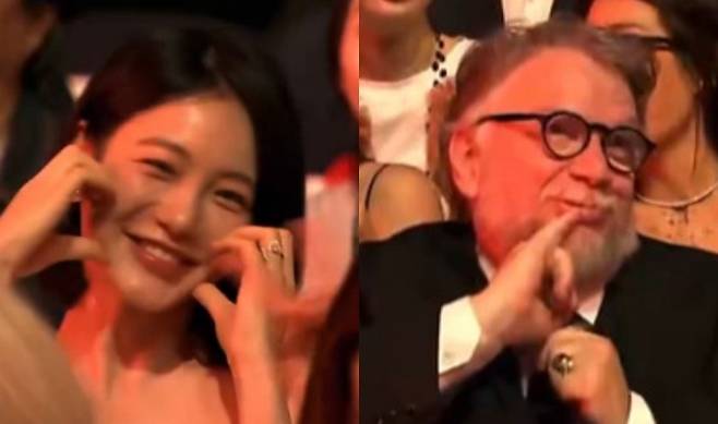 배우 신예은(왼쪽)과 기예르모 델 토로 감독. 부산국제영화제 생중계 영상 캡처. 뉴스1