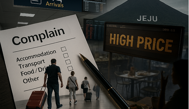 관광 홍보의 화려함과 소비자 민원 기록을 대비시켜 형상화한 이미지.