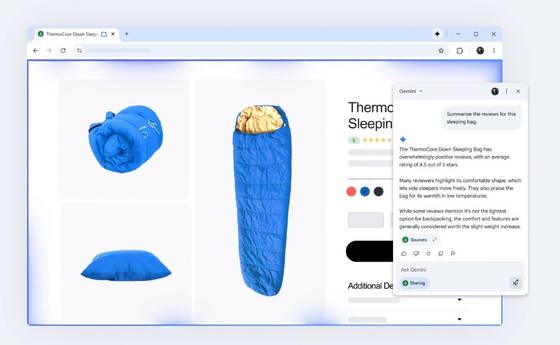 구글이18일부터 웹 브라우저 크롬에 AI모델 제미나이를 적용했다. 사진은 크롬으로 온라인 쇼핑몰에 접속한 뒤, 제미나이 기능을 통해 상품에 관한 상세 정보 요약본을 받아보는 모습. 사진 구글