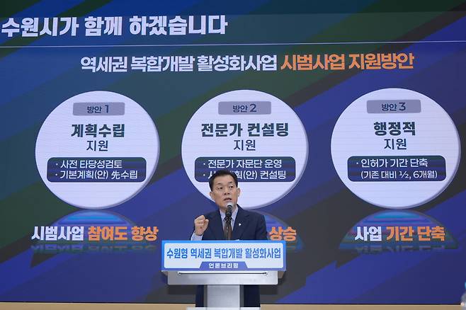 17일 수원시청에서 열린 브리핑.&nbsp;수원시 제공