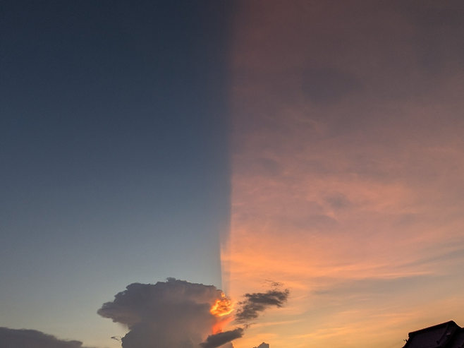 지난달 14일 일본에서 포착된 ‘박명광선’ 현상. 엑스(@clona7marojyu) 캡처