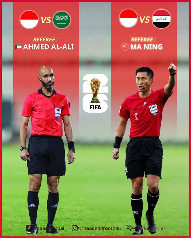 인도네시아와 사우디아라비아의 2026 국제축구연맹(FIFA) 월드컵 아시아 4차 예선 경기를 진행하게 될 쿠웨이트 국적 아흐메드 알알리 주심(왼쪽). /사진=아세안풋볼 SNS 캡처