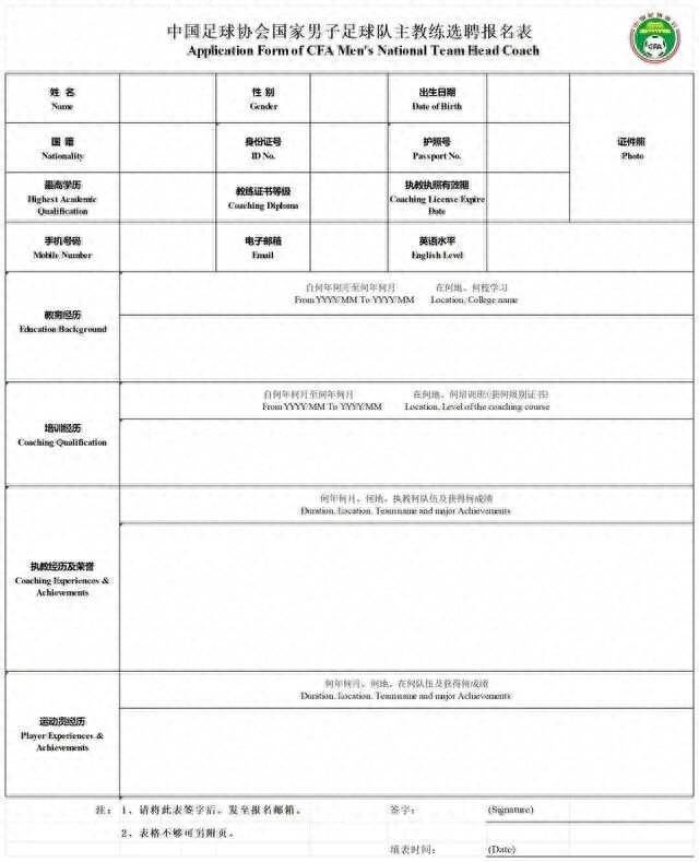 중국 대표팀 차기 감독 지원서 양식.