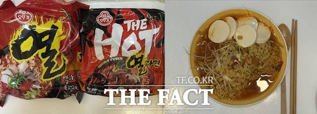 오뚜기 '열라면'(왼쪽)과 새로 출시된 '더핫 열라면'의 모습이다. 기자는 '더핫 열라면'에 콩나물과 순두부를 추가해 먹었다. /문화영 기자