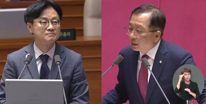 김정관 산업통상자원부 장관(왼쪽)이 17일 경제 분야 국회 대정부질문에서 국민의힘 조승환 의원의 질의에 답변하고 있다. 사진=국회 영상회의록시스템 캡처