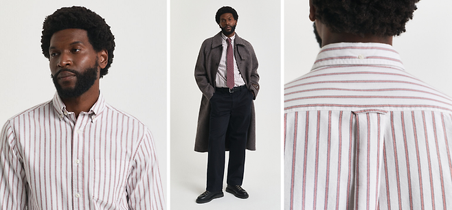 아침에 미음만 먹고 나온 것 같은 모델의 표정은 넘어가자. 간트가 최초로 선보인 옥스퍼드 셔츠의 세 가지 요소는 다음과 같다. ① 칼라의 곡선(퍼펙트 롤) ② 등판의 고리(로커 루프) ③ 박스 형태로 된 등판의 주름(플리츠). [사진 출처=간트)