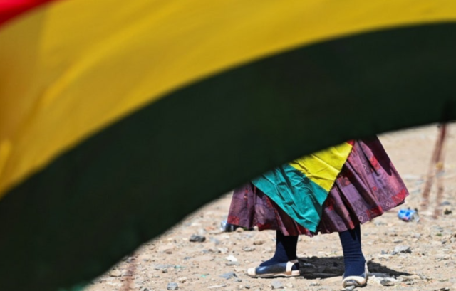 볼리비아 국기 너머의 현지 여성. 로이터 연합뉴스