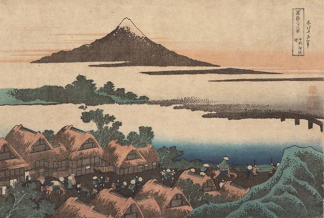 국립청주박물관에서 12월 28일까지 열리고 있는 특별전 ‘후지산에 오르다, 야마나시’에서 이달 28일까지 전시 중인 호쿠사이의 대표작 ‘후가쿠 36경’ 중 ‘이사와의 여명’.  2주마다 작품이 교체 전시된다. 청주박물관 제공