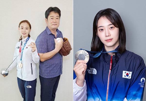 (왼쪽 사진부터)윤학길 감독(오른쪽)과 윤지수의 모습. 윤학길 감독 제공/윤지수가 지난해 파리 올림픽에서 딴 은메달을 들어보이고 있다. 윤지수 제공