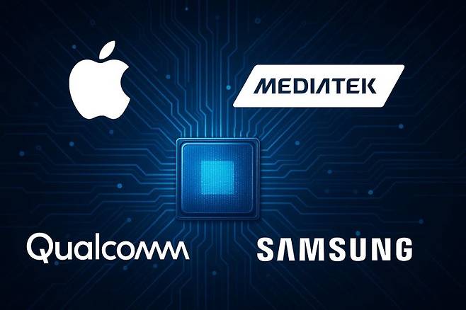 애플, 미디어텍, 퀄컴, 삼성 로고와 함께 생성한 반도체 기반 이미지 챗GPT