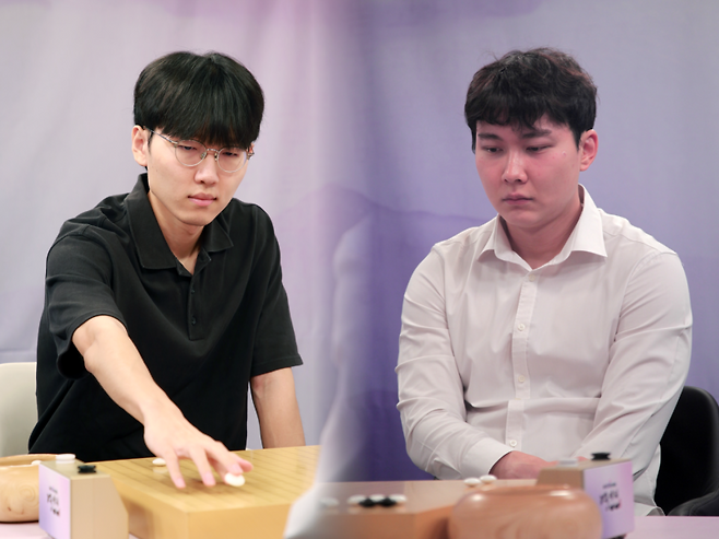 신진서 9단(왼쪽)과 박정환 9단이 명인전 결승전을 펼친다. 한국기원 제공