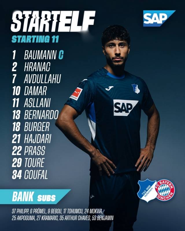 호펜하임은 골키퍼 바우만을 시작으로 베르나르두-하이다리-흐라냐치-초우팔-프라스-뷔르허르-아브둘라후-투레-다마르-아슬라니가 선발 출전했다. 사진=호펜하임 SNS