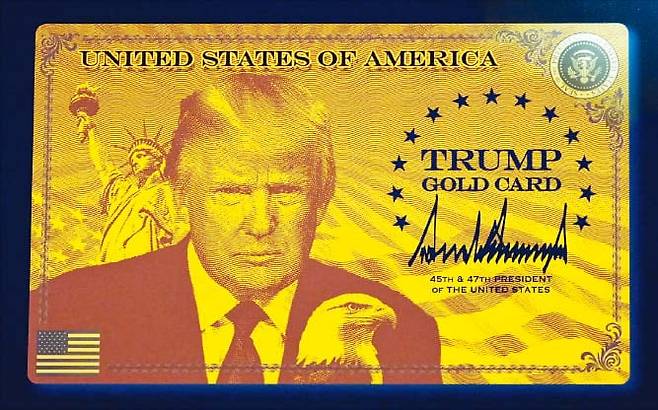 로이터 연합뉴스19일 도널드 트럼프 대통령의 백악관 집무실에 놓인 ‘골드카드’. 개인이 100만달러(약 14억원)를 내면 신속한 영주권 심사 권리를 주는 비자로, 이날 트럼프가 도입해 공개했다.