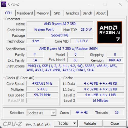 CPU-Z 앱으로 확인한 AMD 라이젠 AI 7 350 프로세서의 구성 / 출처=IT동아