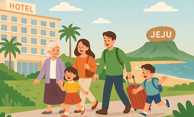 추석 연휴 가족 여행지를 상징적으로 담은 이미지. 활기찬 여행지들 사이, 비어 있는 제주가 대비된다.