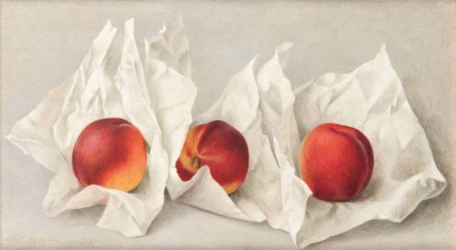 엘리엇 호지킨 <흰 종이에 싸인 세 개의 천도복숭아>(1957) / 사진. ©The Estate of Eliot Hodgkin, 출처. eliothodgkin.com