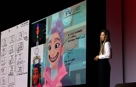 Maggie Kang, director of "KPop Demon Hunters" reveals early sketches of the animated film at the JoongAng 60th Anniversary Global Media Conference held at Lotte Hotel in central Seoul on Sept. 18. [KANG JUNG-HYUN]