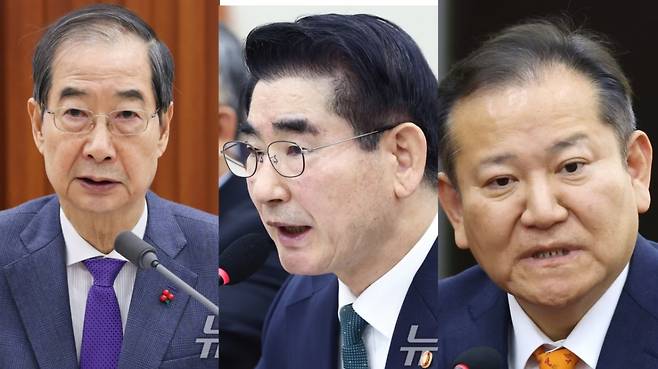 한덕수 전 총리(왼쪽), 김용현 전 국방부장관(가운데), 이상민 전 행정안전부장관(오른쪽). /사진=뉴스1