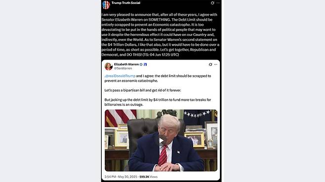 도널드 트럼프 미국 대통령이 자신의 소셜미디어(SNS) 트루스소셜에 “경제적 재앙을 막기 위해 (연방) 부채 한도는 전적으로 폐지돼야 한다”고 적었다. [트루스소셜 캡처]