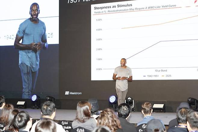 아서 헤이즈 메일스트롬 공동설립자 겸 최고투자책임자(CIO)가 23일 서울 워커힐 호텔앤리조트에서 열린 ‘코리아블록체인위크 2025(KBW2025)’ 메인 컨퍼런스인 ‘임팩트(KBW2025:IMPACT)’ 에서 기조강연을 하고 있다. 팩트블록 제공